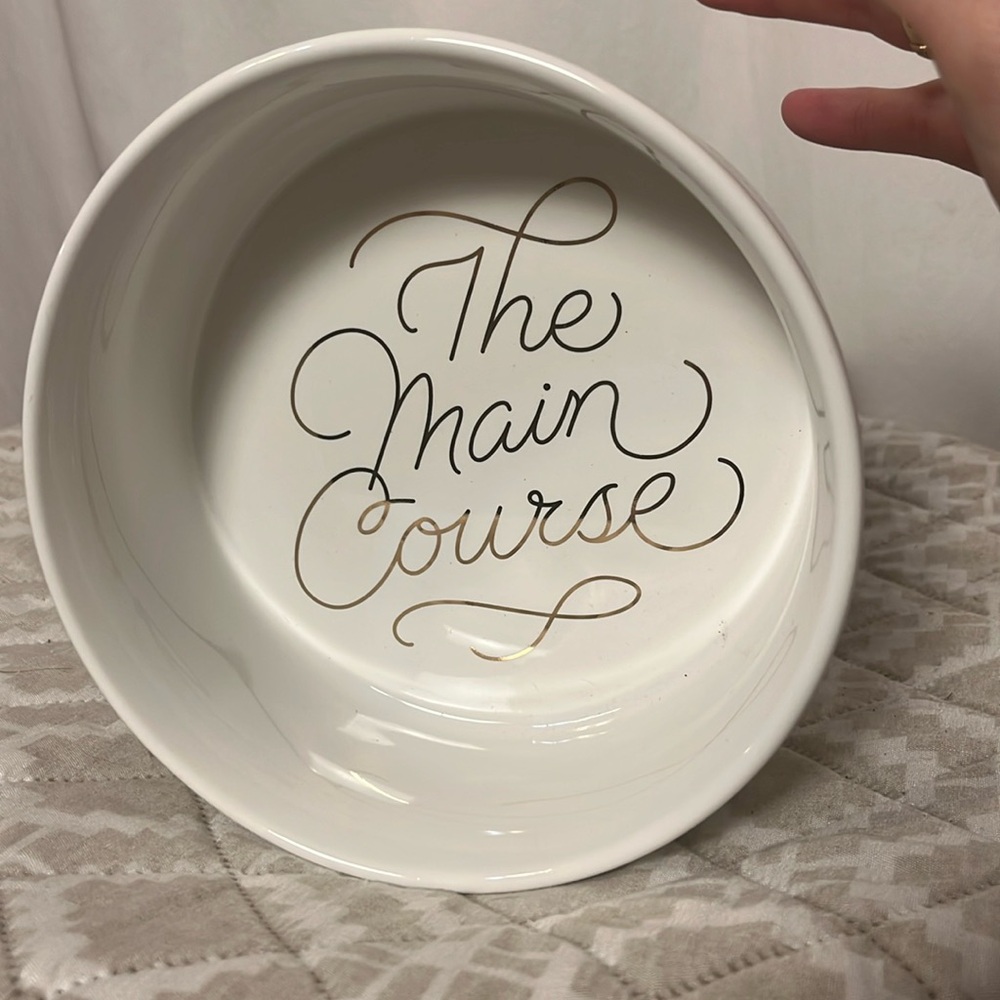 NIB NWT Brass Monkey White Ceramic Dog dish 44 0z. The Main Course 7” x 3”